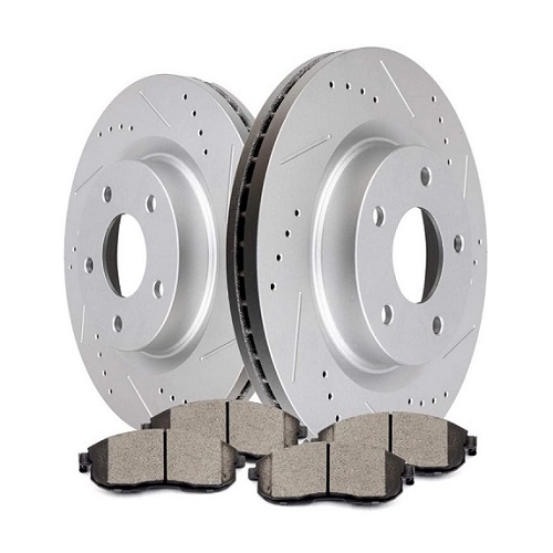 Brake pades with rotors displayed on white background