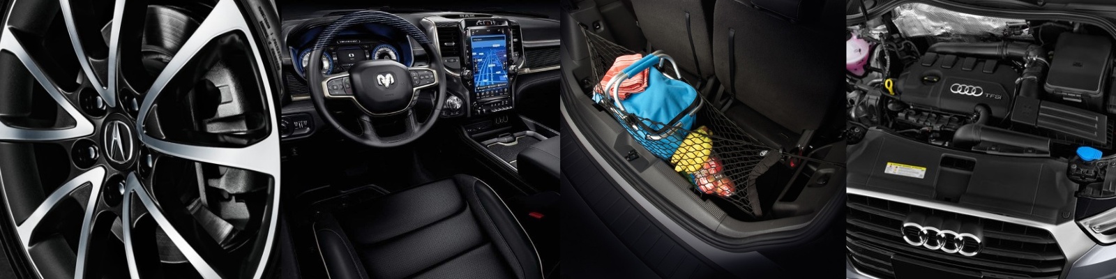 Four panel display including wheels, driver side interior, supply net in trunk, and a vehicle engine